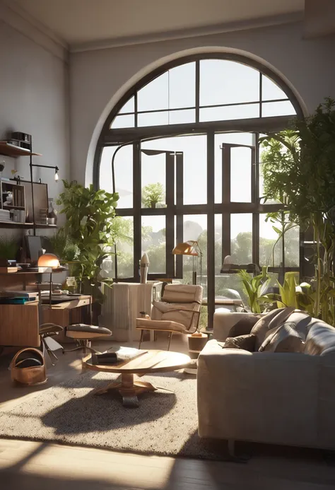 In front of the window there is a table with backrest computer chairs, embellished with greenery, realistic afternoon lighting, realistic soft lighting, volumetric natural light, rendered in V-Ray, daylight made with a blender, rendered in POV-ray, anime. ...