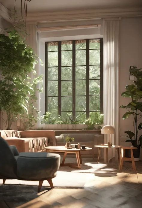 In front of the window there is a table with backrest computer chairs, embellished with greenery, realistic afternoon lighting, realistic soft lighting, volumetric natural light, rendered in V-Ray, daylight made with a blender, rendered in POV-ray, anime. ...