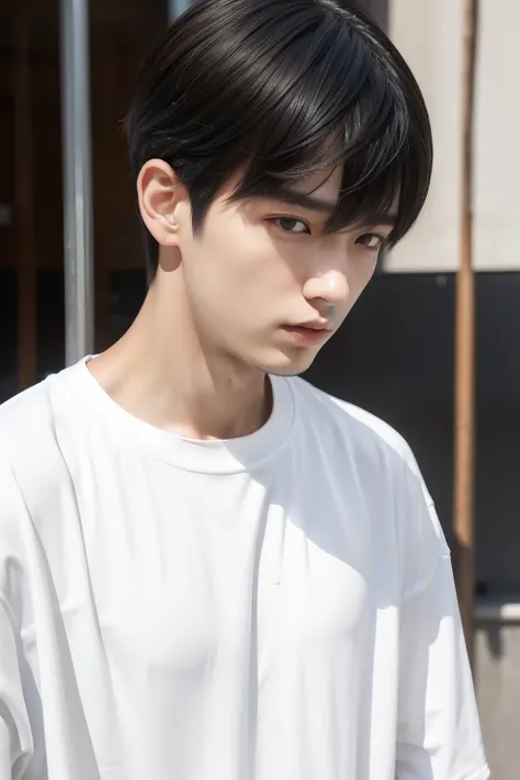 Portrait of 20 year old Japan man with street inspired casual hairstyle。 The hair is textured with a messy top、The side is faded。Perfect for spring-summer