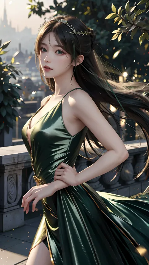 Ultra hd, 8k quality, a girl, happy, very long hair, green blur dress, detailed eyes, attractive pose, unreal engine 5,