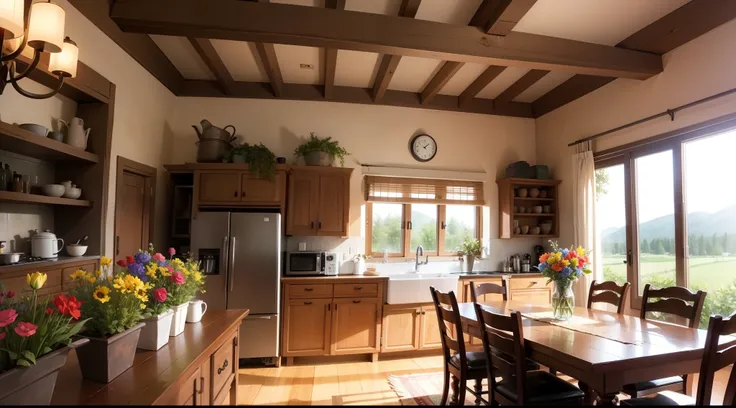 Nice country chalet interior，There are flowers embellished