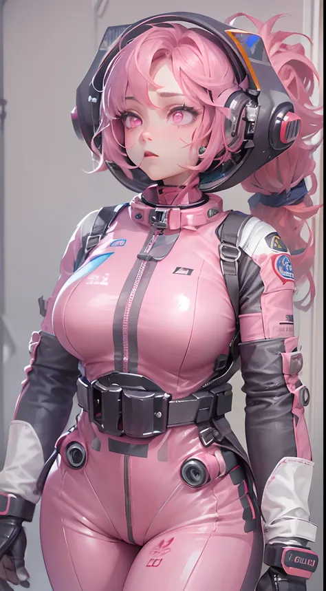 （tmasterpiece：1.3），（best qualtiy：1.3），3D，8K，.1girll，独奏，Pink hair，Pink eyes，shelmet，full bodyesbian，Spacesuit，tightsuit，mitts，standing on your feet，Q version