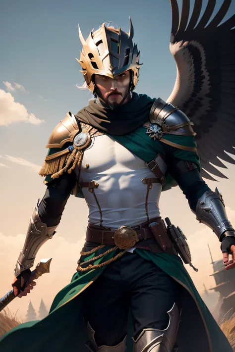 Nas primeiras luzes da aurora, um guerreiro surge das sombras, uma figura imponente em armadura prateada adornada com cicatrizes de batalhas passadas. His eagle helmet symbolizes vision and strategy, while its black cloak evokes mystery. Wielding a legenda...