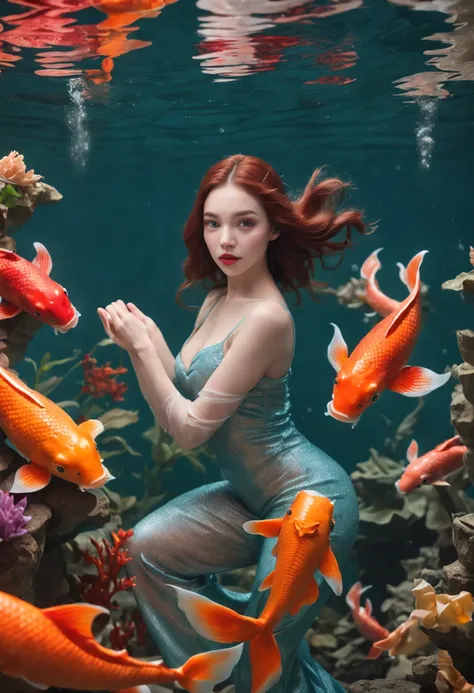 "RAW photo, best, masterpiece, best quality, high quality, extremely detailed,There are ((girl swimming with the koi fish)) and other sea creatures, 3D magical details, a bubbling underwater landscape, the magical kingdom of The little mermaid, the seabed ...