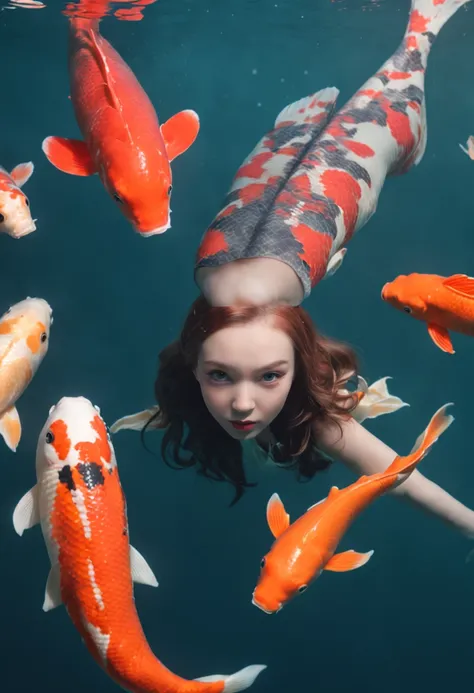 "RAW photo, best, masterpiece, best quality, high quality, extremely detailed,There are ((girl swimming with the koi fish)) and other sea creatures, 3D magical details, a bubbling underwater landscape, the magical kingdom of The little mermaid, the seabed ...