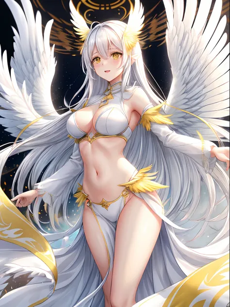 1 woman, spreading her wings, wearing a coat of white feathers,, Wings full of the back, Radiant Hello, long hair flowing, Mechanical wings dancing delicately at the waist, Medium Figure, Sunken navel, curtains of white feathers on the pelvis move slightly...