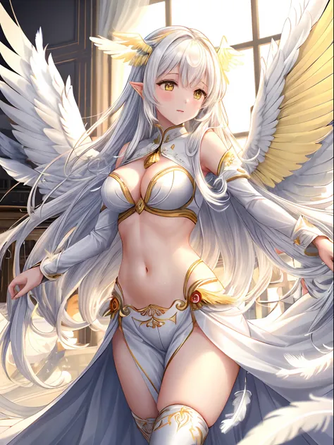 1 woman, spreading her wings, wearing a coat of white feathers,, Wings full of the back, Radiant Hello, long hair flowing, Mechanical wings dancing delicately at the waist, Medium Figure, Sunken navel, curtains of white feathers on the pelvis move slightly...