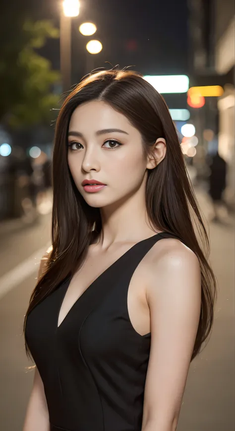 ((Realistic lighting, Best Quality, 8K, Masterpiece: 1.3)), Focus: 1.2, 1girl, Perfect Beauty: 1.4, Slim Abs: 1.1, ((Dark brown hair)), (Black dress: 1.4), (Outdoor, Night: 1.1), City streets, Super fine face, Fine eyes, Double eyelids,