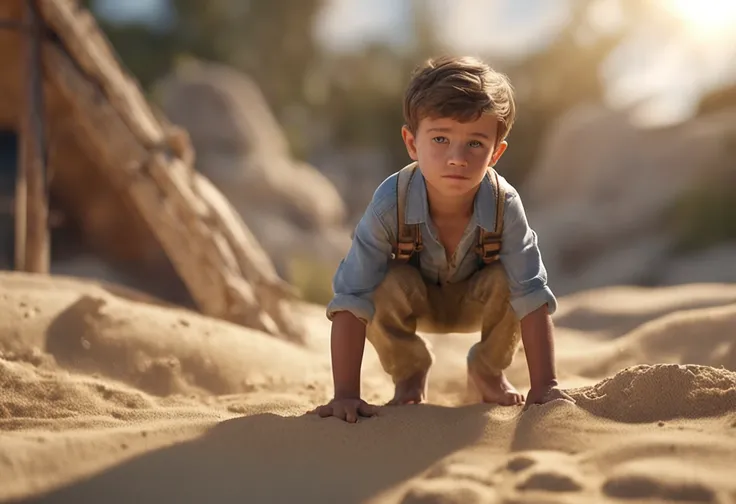 movie picture quality，style of disney animation，A little boy builds a castle with sand on the beach，Denim suspenders，The barefoot，depth of fields，high light，Real light，Ray traching，oc rendered，Hyper-realistic，best qualtiy，8K，Works of masters，super-fine，Det...