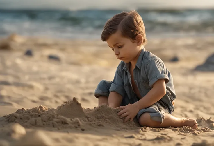 movie picture quality，style of disney animation，A little boy builds a castle with sand on the beach，Denim suspenders，The barefoot，depth of fields，high light，Real light，Ray traching，oc rendered，Hyper-realistic，best qualtiy，8K，Works of masters，super-fine，Det...