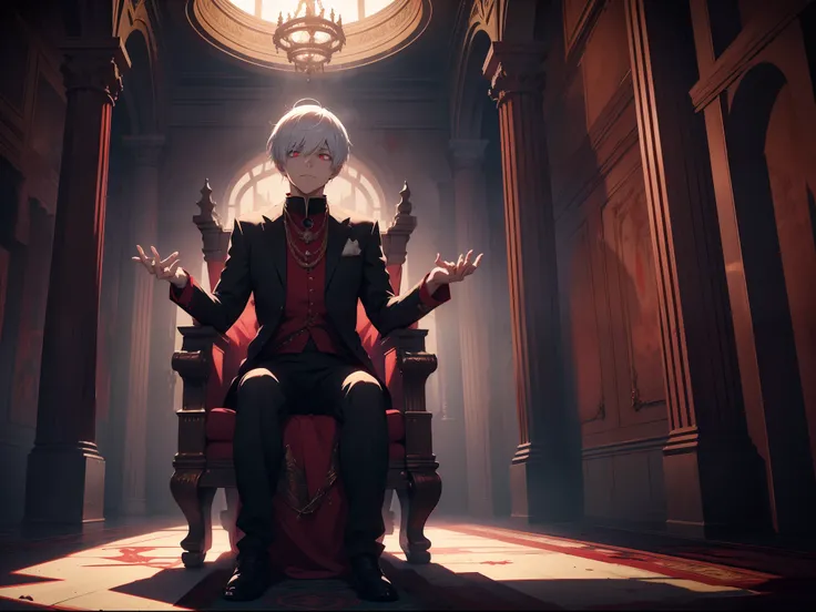 A white-haired, red-eyed prince sits on a majestic throne inside an abandoned palace. The environment around him is dark and gloomy, with evil red eyes in the walls and cobwebs hanging there. The throne is ornate, with details in gold and precious stones, ...