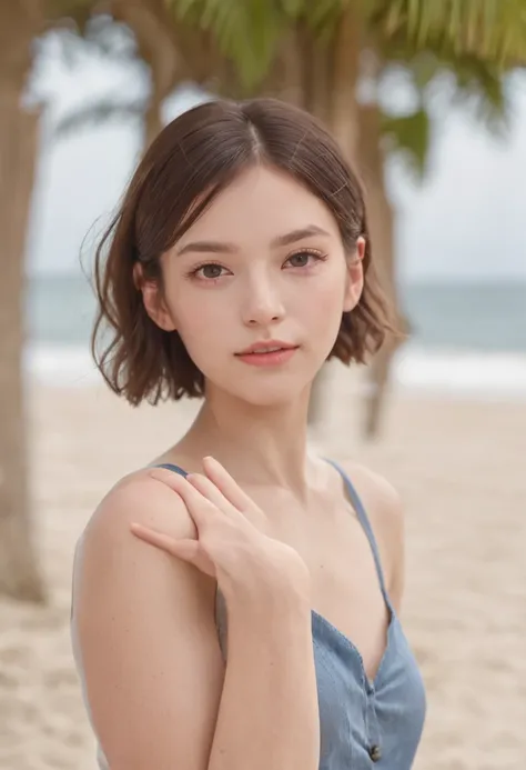 Coastal beauty, 1 girl, (short hair), school uniform, (bright eyes, thin face, white skin, carefree expression), beach background, lighthouse, soft sea breeze, playful pose, dynamic composition, blurred background, rich colors, fine details, 50mm lens, rel...