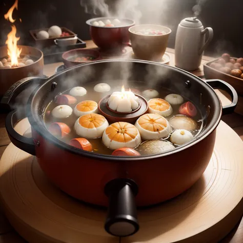 There is a beautiful hot pot on the table，Its boiling