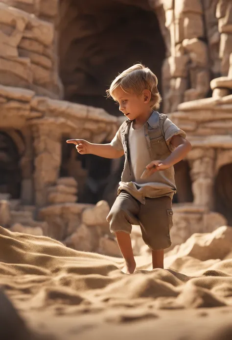 movie picture quality，style of disney animation，A young boy builds a castle out of sand on the beach，Denim suspenders，The barefoot，depth of fields，high light，Real light，Ray traching，oc rendered，Hyper-realistic，best qualtiy，8K，Works of masters，super-fine，De...