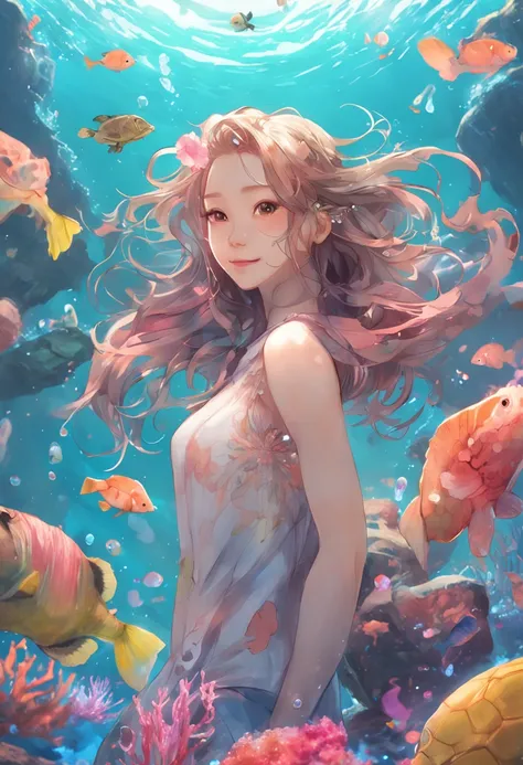 absurderes, A high resolution, (Anime style:1.1),((masutepiece)), ((Best quality)), (Ultra-detailed), (Beautiful),((Smiling kawaii girl)、Top image quality、tmasterpiece、(ocean floor、Marine life、Beautiful coral reef、The fish),Messy painting style，Hair flows ...