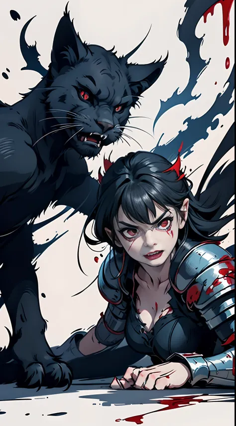 Fierce black cat，Dark red eyes，Close-up of extreme body details,White fangs,Sharp claws，Climbing on the ground，blood-stained armor,The armor is tattered,Blood dripping,Blood dripped from the corners of the mouth,True blood,Full body like,Prepare for a raid