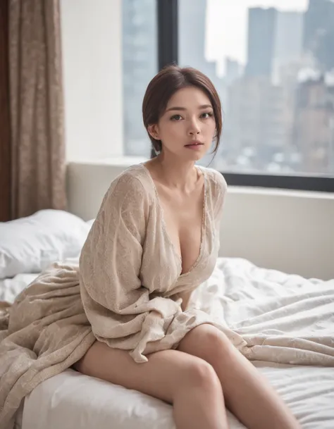 The woman lies flat on the bed，Only woke up to her upper body,backshots,, during night, calm evening, stylized illustration, Stayed in a room in a luxury apartment,  From the side, stylized silhouette、One stroke、Behind the scenes, you can see the city、I di...