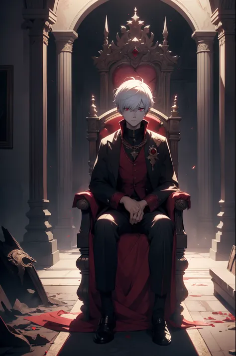 A white-haired, red-eyed prince sits on a majestic throne inside an abandoned palace. The environment around him is dark and gloomy, with evil red eyes in the walls and cobwebs hanging there. The throne is ornate, with details in gold and precious stones, ...