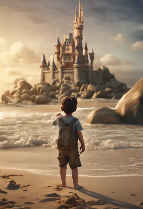 movie picture quality，style of disney animation，A young boy builds a castle out of sand on the beach，Denim suspenders，The barefoot，depth of fields，high light，Real light，Ray traching，oc rendered，Hyper-realistic，best qualtiy，8K，Works of masters，super-fine，De...