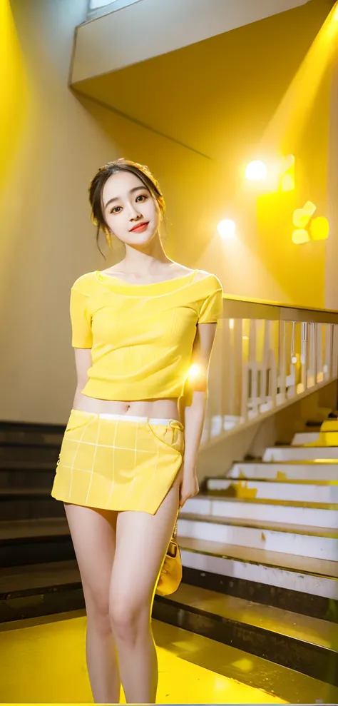 Arad woman standing in the yellow light in front of the stairs, dilraba dilmurat, photo of slim girl, slight yellow hue, chiho, Casual pose, wearing yellow croptop, slight cute smile, with yellow cloths, cindy avelino, xintong chen, 2 4 year old female mod...