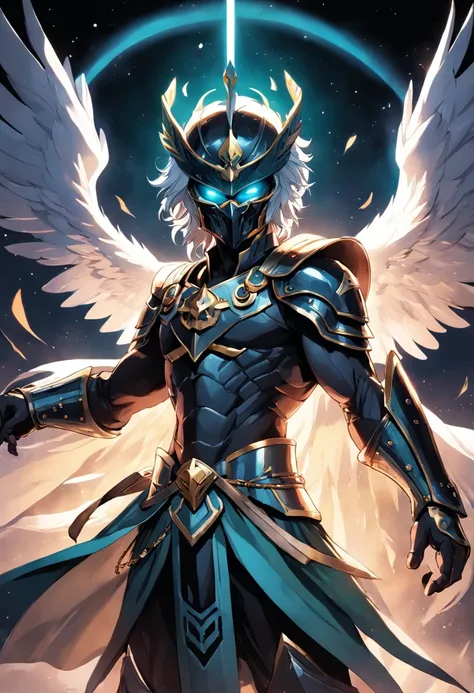 Nas primeiras luzes da aurora, um guerreiro surge das sombras, uma figura imponente em armadura prateada adornada com cicatrizes de batalhas passadas. His eagle helmet symbolizes vision and strategy, while his black robe evokes mystery. Wielding a legendar...