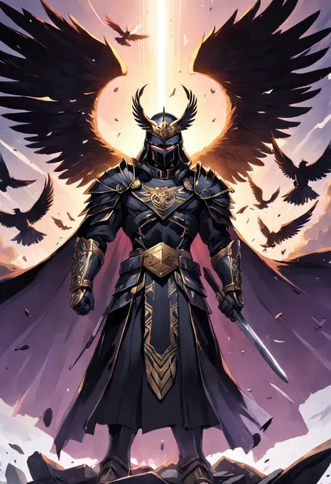 Nas primeiras luzes da aurora, um guerreiro surge das sombras, uma figura imponente em armadura prateada adornada com cicatrizes de batalhas passadas. His eagle helmet symbolizes vision and strategy, while his black robe evokes mystery. Wielding a legendar...