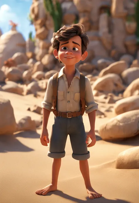 movie picture quality，Disney animation，Disney animated films，style of disney animation，A young boy builds a castle out of sand on the beach，Denim suspenders，The barefoot，depth of fields，high light，Real light，Ray traching，oc rendered，Hyper-realistic，best qu...