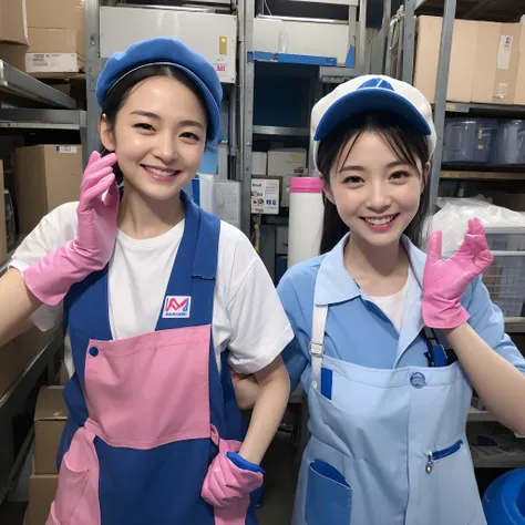 Japan female in her 30s,Wearing a blue workwear shirt,Wearing a blue cap hat,a smile,Showing you around the warehouse,Recruitment,piece sign、Enamel gloves、Pink enamel gloves、Pink enamel gloves、Pink long rubber gloves、Glossy pink gloves、whole body soaked、lo...