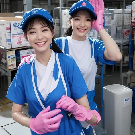 Japan female in her 30s,Wearing a blue workwear shirt,Wearing a blue cap hat,a smile,Showing you around the warehouse,Recruitment,piece sign、Enamel gloves、Pink enamel gloves、Pink enamel gloves、Pink long rubber gloves、Glossy pink gloves、whole body soaked、lo...