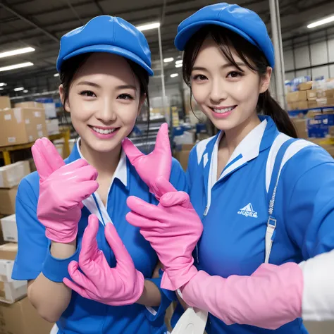 Japan female in her 30s,Wearing a blue workwear shirt,Wearing a blue cap hat,a smile,Showing you around the warehouse,Recruitment,piece sign、Enamel gloves、Pink enamel gloves、Pink enamel gloves、Pink long rubber gloves、Glossy pink gloves、whole body soaked、lo...