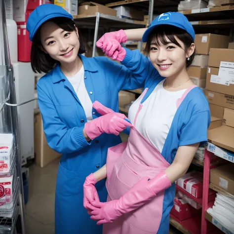 Japan female in her 30s,Wearing a blue workwear shirt,Wearing a blue cap hat,a smile,Showing you around the warehouse,Recruitment,piece sign、Enamel gloves、Pink enamel gloves、Pink enamel gloves、Pink long rubber gloves、Glossy pink gloves、whole body soaked、lo...