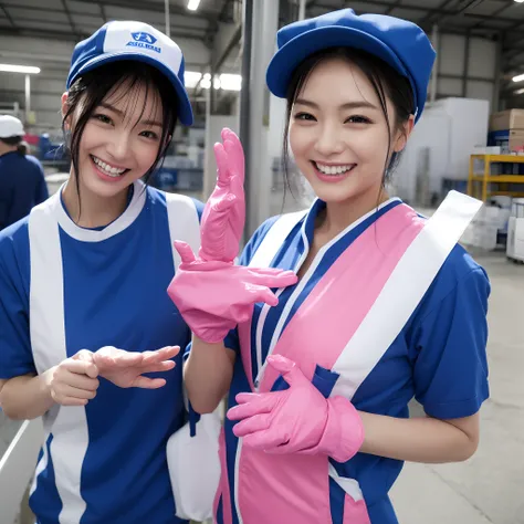 Japan female in her 30s,Wearing a blue workwear shirt,Wearing a blue cap hat,a smile,Showing you around the warehouse,Recruitment,piece sign、Enamel gloves、Pink enamel gloves、Pink enamel gloves、Pink long rubber gloves、Glossy pink gloves、whole body soaked、lo...