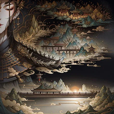 An ancient Chinese painting, ancient Chinese background, mountains, rivers, auspicious clouds, pavilions, sunshine, masterpieces, super detail, epic composition, ultra HD, high quality, extremely detailed, official art, unified 8k wallpaper, Super detail, ...