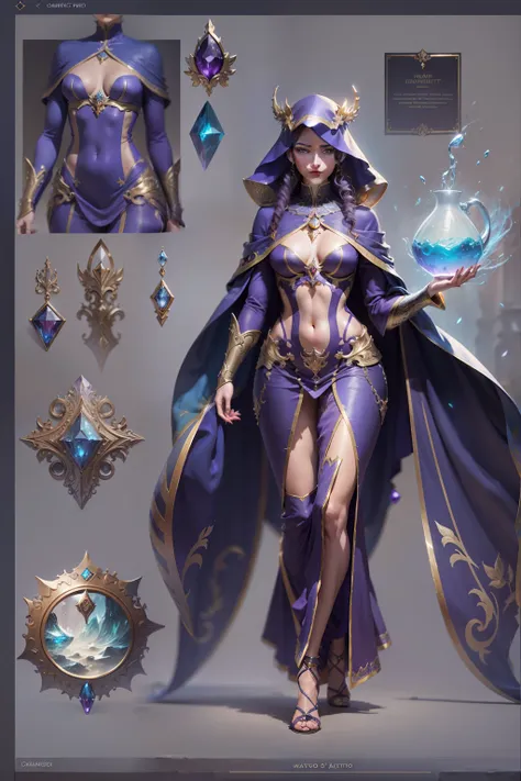 Game character standing drawing design，magestic，Gorgeous purple robes wrapped around the entire body, Gorgeous staffs set with magical gemstones，Water magic，high-heels，Different layers overlay，Different angles，（full bodyesbian：1.4），solid color backdrop，cle...