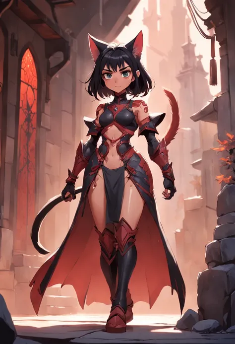 Game character standing drawing design，Disney animation，Disney animation style，Orc female，Cat-eared lady，Leather armor，Fur shoulders，Slim figure，The barefoot，Holding a red dagger，Different layers overlay，Different angles，（Back all over the body：1.4），solid ...