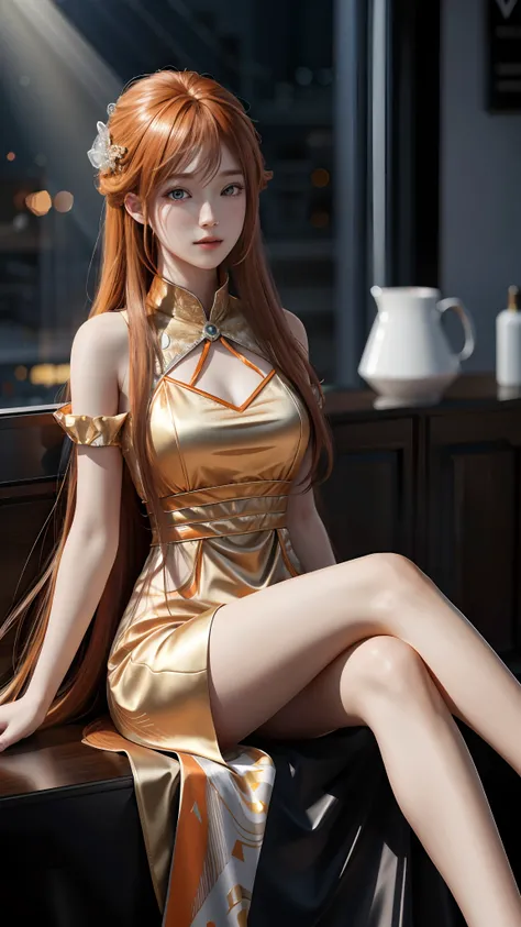 Ultra hd, 8k quality, a girl, happy, very long hair, orange blur dress, detailed eyes, sitting pose, unreal engine 5,