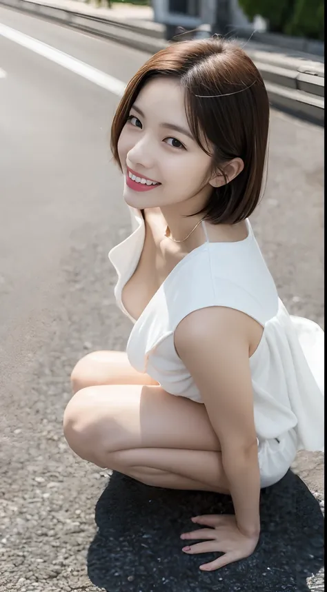 (downbrouse、leaning-forward、very loose low-cut white clothes,,:1.2)、very large chest with drooping,、(top-quality、8K、32K)、japanes、28 year old、Very pretty girl、a beauty girl、crouching down、A smile、outside of house、shinny skin、blurry backround、short-cut、Shot ...