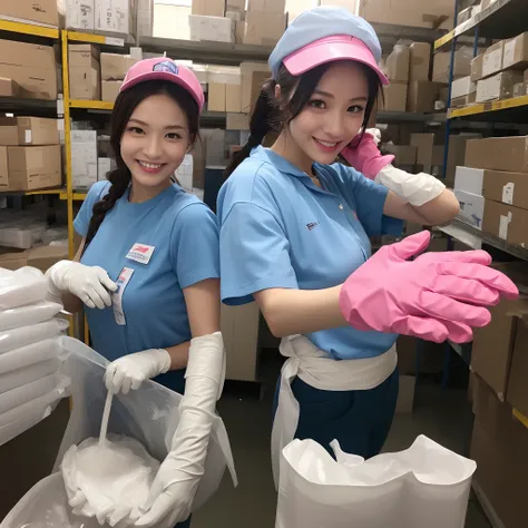 Japan female in her 30s,Wearing a blue workwear shirt,Wearing a blue cap hat,a smile,Showing you around the warehouse,Recruitment,piece sign、Enamel gloves、Pink enamel gloves、Pink enamel gloves、Pink long rubber gloves、Glossy pink gloves、whole body soaked、lo...