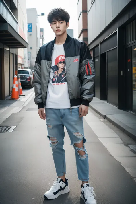 Portrait of 20 year old Japan male street style hair catalog magazine。 For a lightweight bomber jacket suitable for spring and summer、Matching graphic t-shirt。Coordinate with ripped jeans and high-top sneakers。