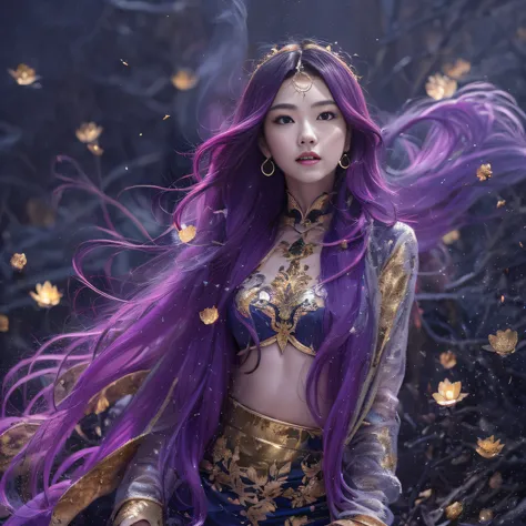 32K（tmasterpiece，k hd，hyper HD，32K）Long flowing bright purple hair，Autumn Pond，zydink， a color，  Asian people （Silly girl）， （Silk scarf）， Combat posture， looking at the ground， long whitr hair， Floating bright purple， Fire cloud pattern gold skull headdres...