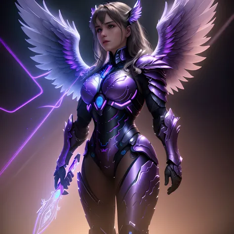 8K photo of an ultra-realistic archangel with 4 wings, full - body, intricate purple and blue neon armor, ornate, Cinematic lighting, Trending on ArtStation, 4k, A hyper-realistic, Focused, High Details, Unreal Engine 5, Cinematic