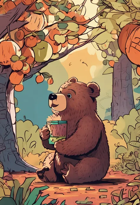 8K，tmasterpiece，high qulity，Cartoon bear，illustration，Q version，Under the tree，Sit and eat persimmons