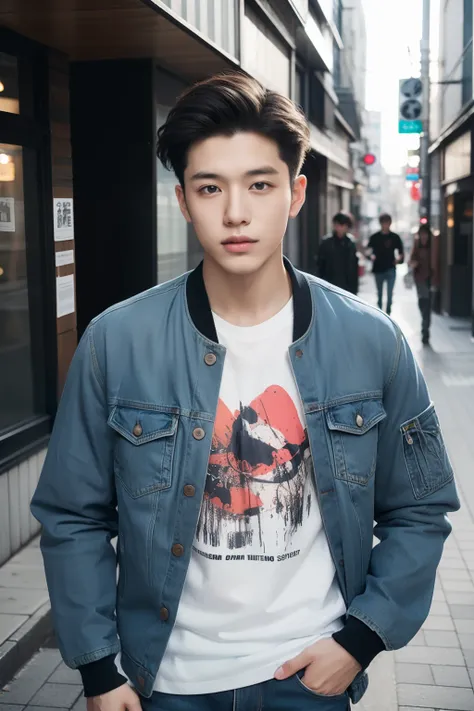 portrait of 20 year old japan male street style hair catalog magazine。 for a lightweight bomber jacket suitable for spring and s...