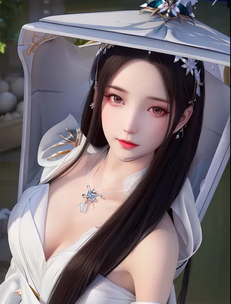 a close up of a woman in a white dress and a hat, Guviz, trending on cgstation, a beautiful fantasy empress, Guviz-style artwork, ((a beautiful fantasy empress)), White Hanfu, pale snow-white skin, pale milky white porcelain skin, beautiful and seductive a...