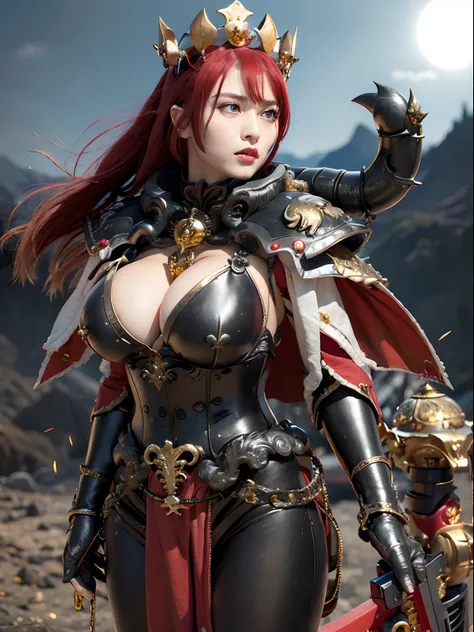 (masutepiece), Professional , ​masterpiece、top-quality、photos realistic , depth of fields （Gemstone Black Metal Body:1.９),(Matte Black、（cleavage of the breast）、Dragon Gold Weapon（Dragon Metal Body:1.４),Gorgeous Silver Weapons ,（（ Dragons dense and gorgeous...