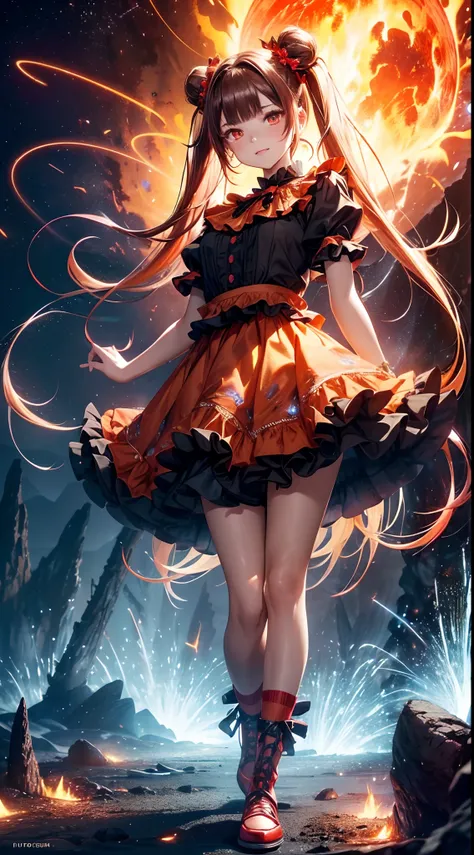 (fullbody, legs and shoes visible: 1.2)) expressive eyes, woman, pale skin, long hair, windblown hair, ((long hair)), long sidelocks, hime bangs, hair fringe, hair bun, ((long twintails)), flaming hair, red hair, blushing, full face blushing, big sparkling...