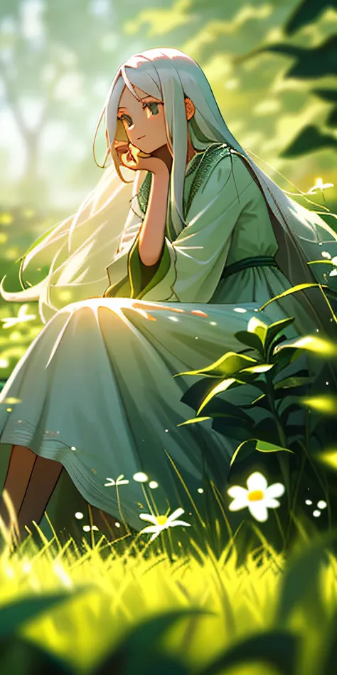 (masterpiece, best quality),1girl with long white hair sitting in a field of green plants and flowers, her hand under her chin, warm lighting, white dress, blurry foreground