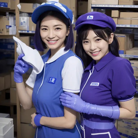 Japan female in her 30s,Wearing a blue workwear shirt,Wearing a blue cap hat,a smile,Showing you around the warehouse,Recruitment,piece sign、Enamel gloves、Purple enamel gloves、Purple enamel gloves、long rubber gloves in purple、Glossy purple gloves