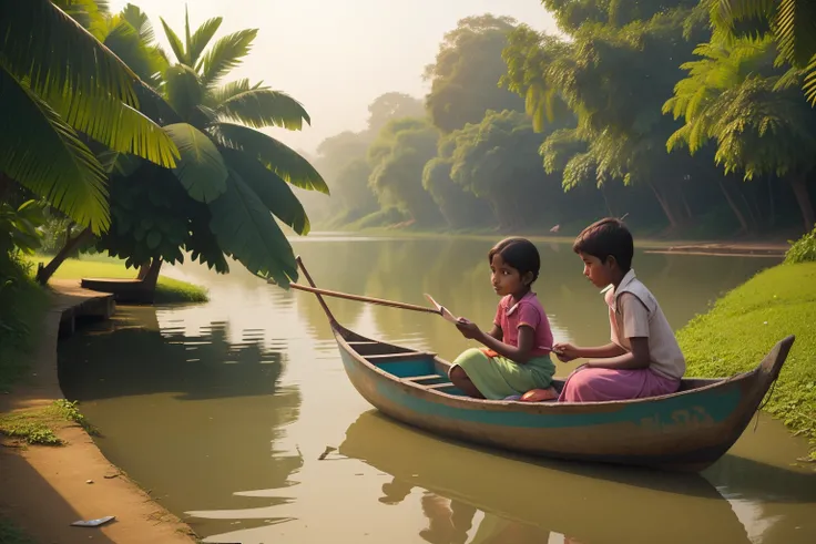 Date: 2009
Country: Bangladesh
Description: By a serene Bangladeshi riverbank, a tween or child learns to read with a mentor amidst pastel-hued fishing boats. The luminous daylight highlights the pursuit of knowledge amidst nature.