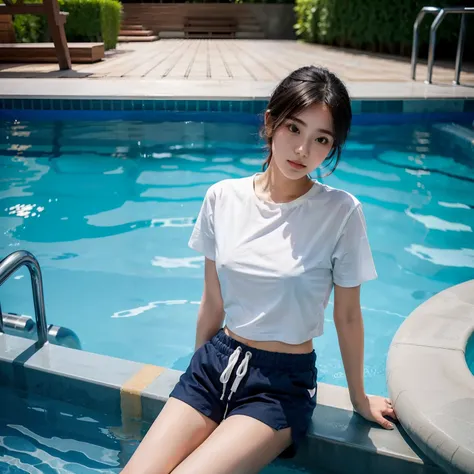 Girl in white t shirt and dark blue short pant setting side of pool